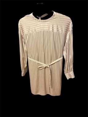 Pleated Satin Long Sleeve Belted Dress - light  pink with open back size M